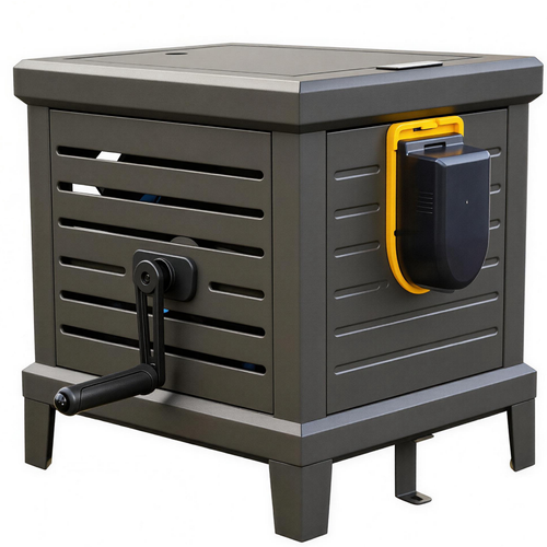 Relhost Tools Electric Hose Reel Box, Heavy Duty Metal Deck Box Holds 125 ft x 5/8" Hose, Never-Leak System, Automatic Recycling, Compatible with Dewalt 20V MAX Batteries (Not Included)