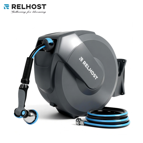 Relhost Tools Retractable Garden Hose Reel,5/8 Inch x 100ft Wall Mounted,Heavy Duty with 10-Patten Nozzle,Adjustable Length Lock,Upgrated Slow Return System,180° Swivel Bracket,Dark Grey