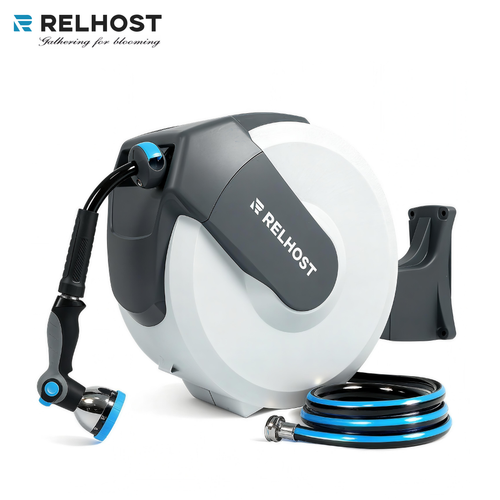 Relhost Tools Upgraded Retractable Hose Reel,100ft x 1/2 inch Garden Water Hose Reel with 10-Pattern Nozzle, 180° Swivel Bracket Wall Mounted,Lock at Any Length, Slow Return System, Automatic Rewind