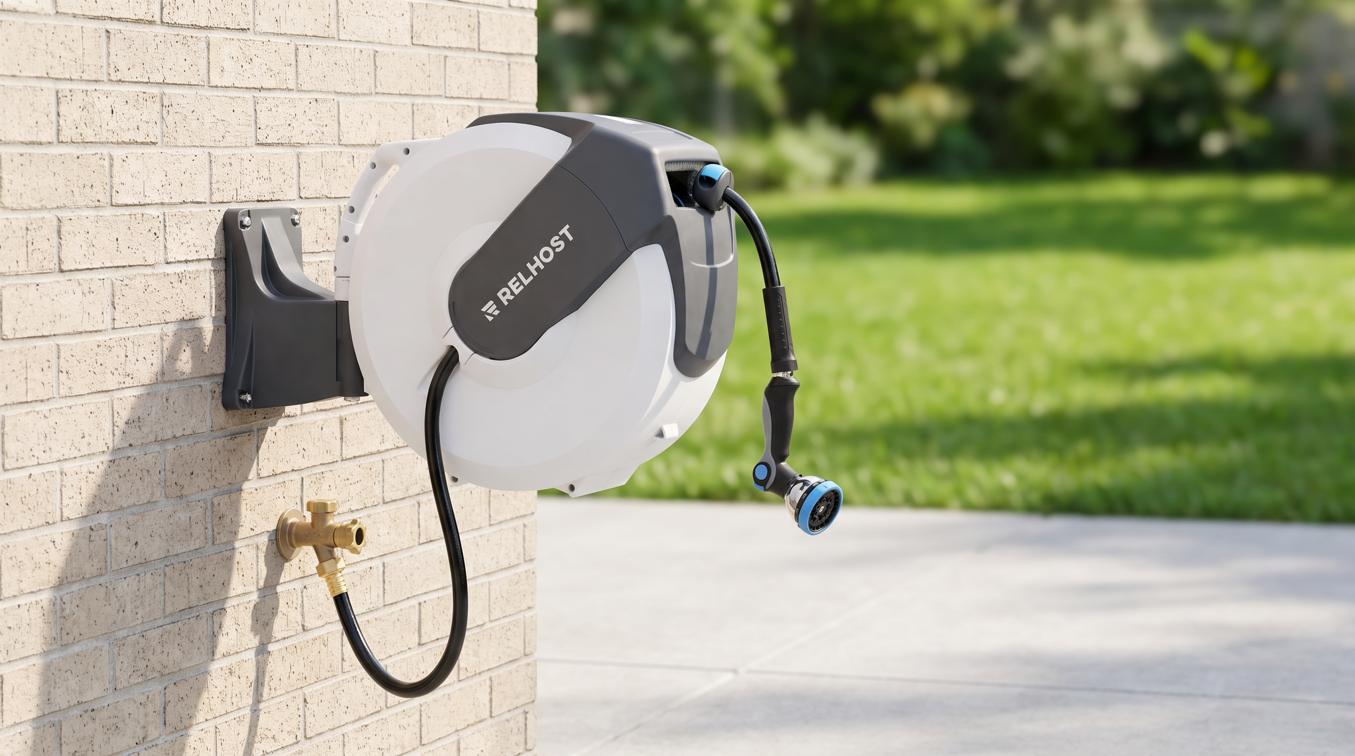 Relhost RW-22 Retractable Hose Reel mounted on suburban backyard patio wall