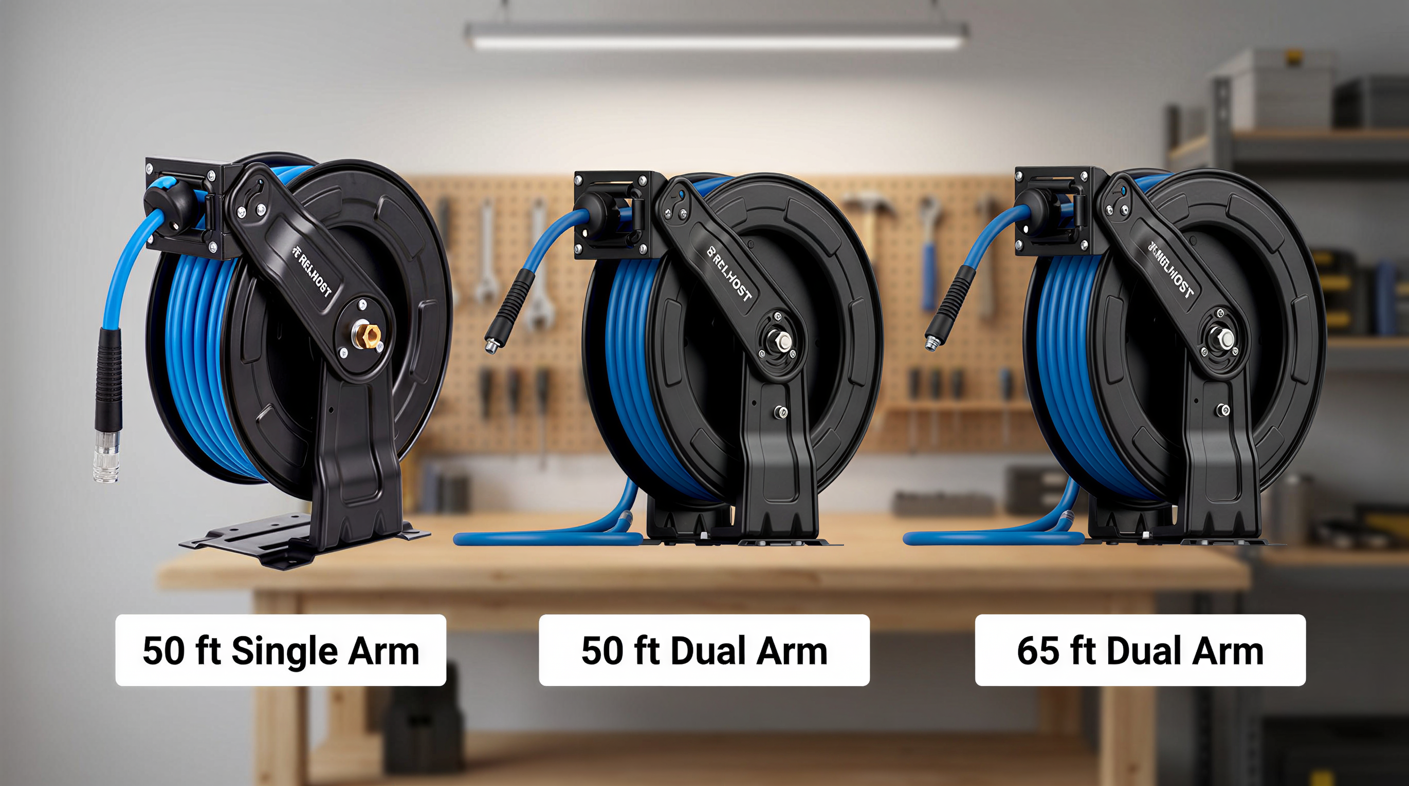 Comparison of 50 ft single-arm, 50 ft dual-arm, and 65 ft dual-arm retractable air hose reels