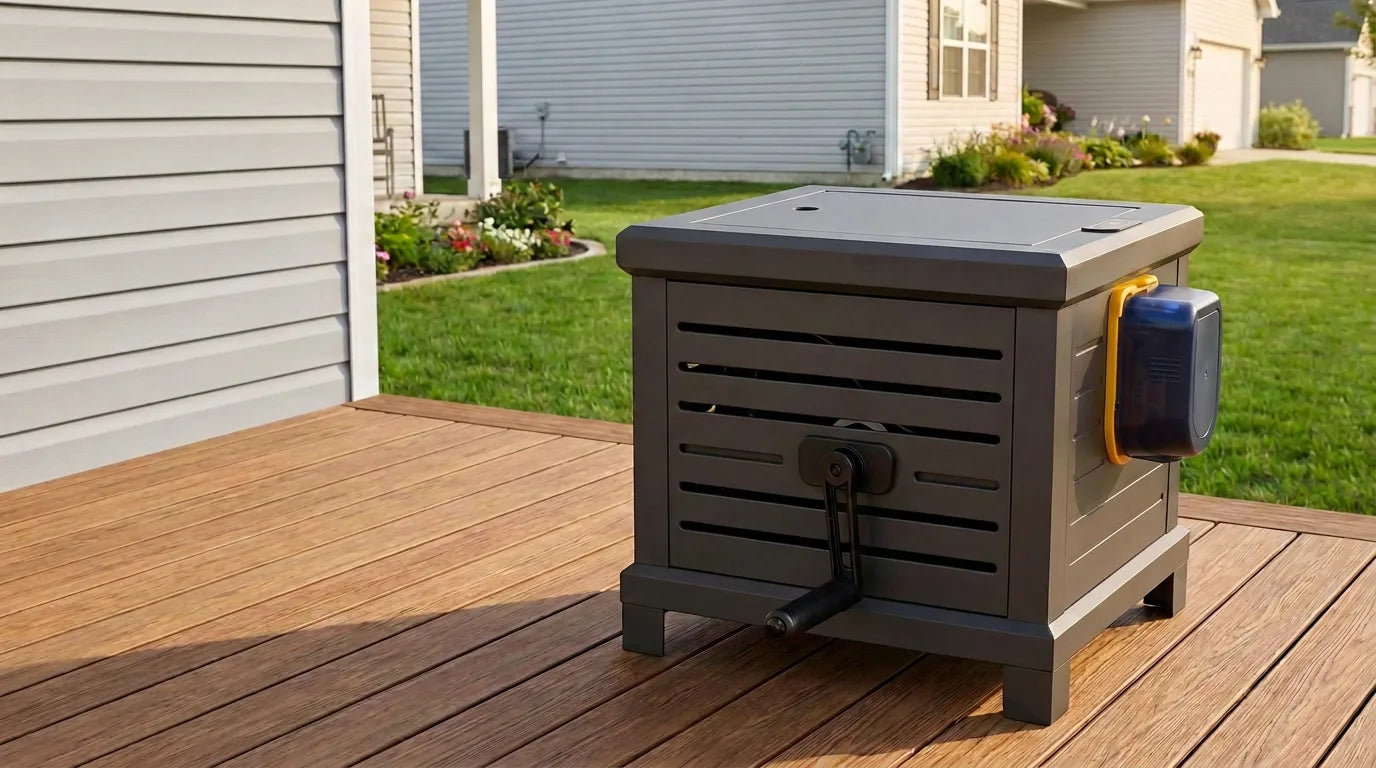 Modern North American patio with a garden hose storage setup that does not require drilling into siding