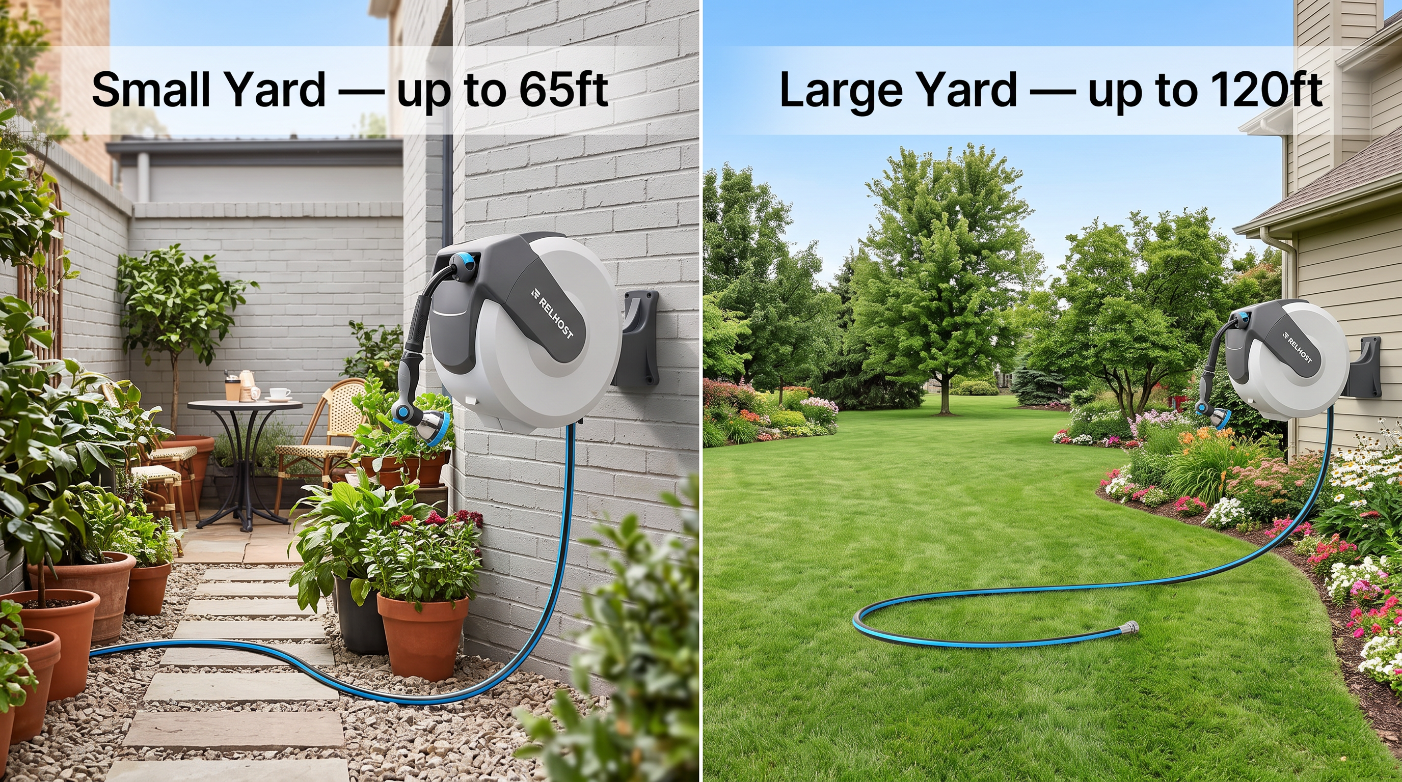 Small yard vs large yard retractable hose reel comparison - Relhost 65ft and 120ft