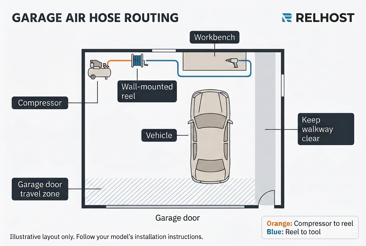Garage air hose routing diagram showing a compressor, wall-mounted reel, workbench, vehicle, clear walkway, and garage door travel zone.