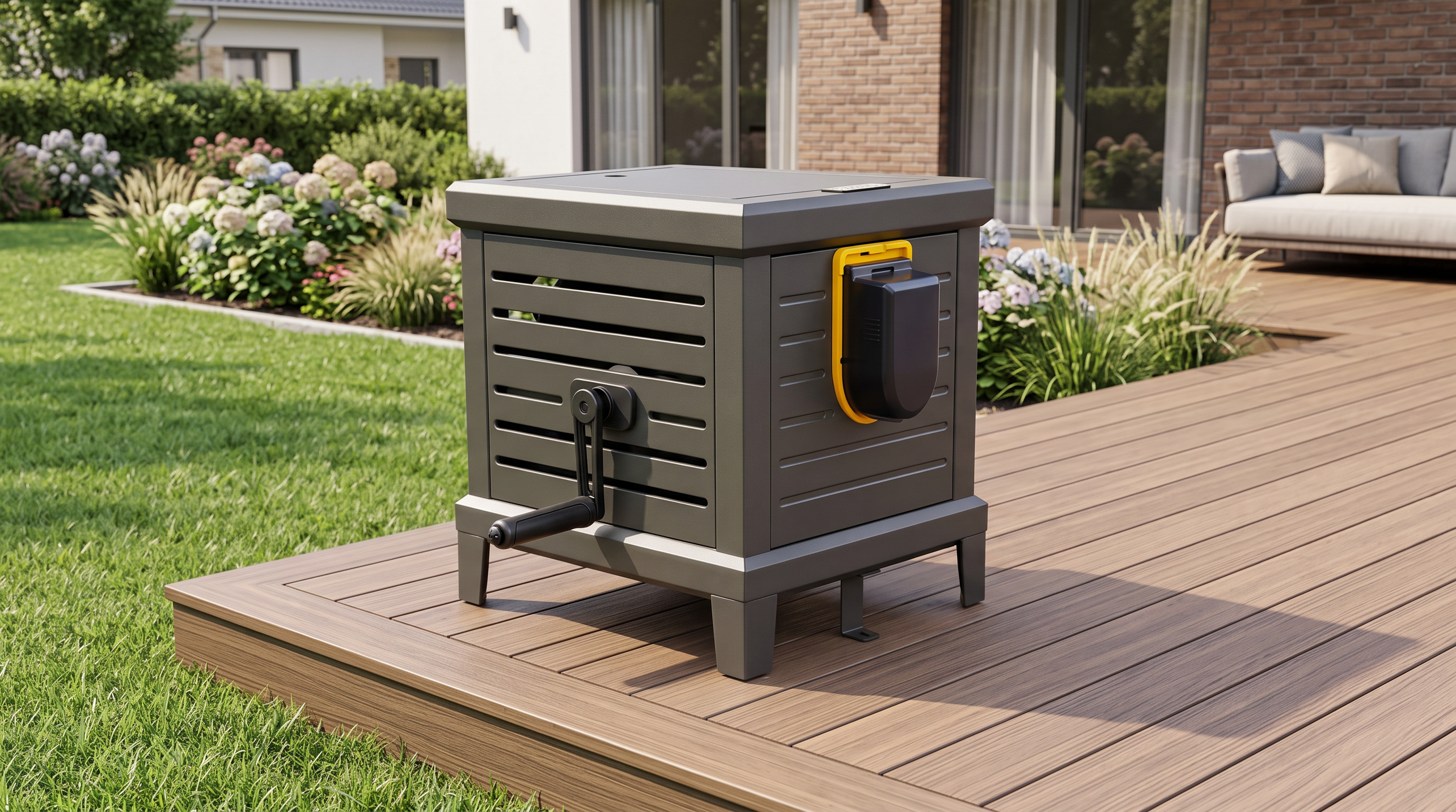 RELHOST RW-24-E battery-powered metal hose reel box on a suburban patio