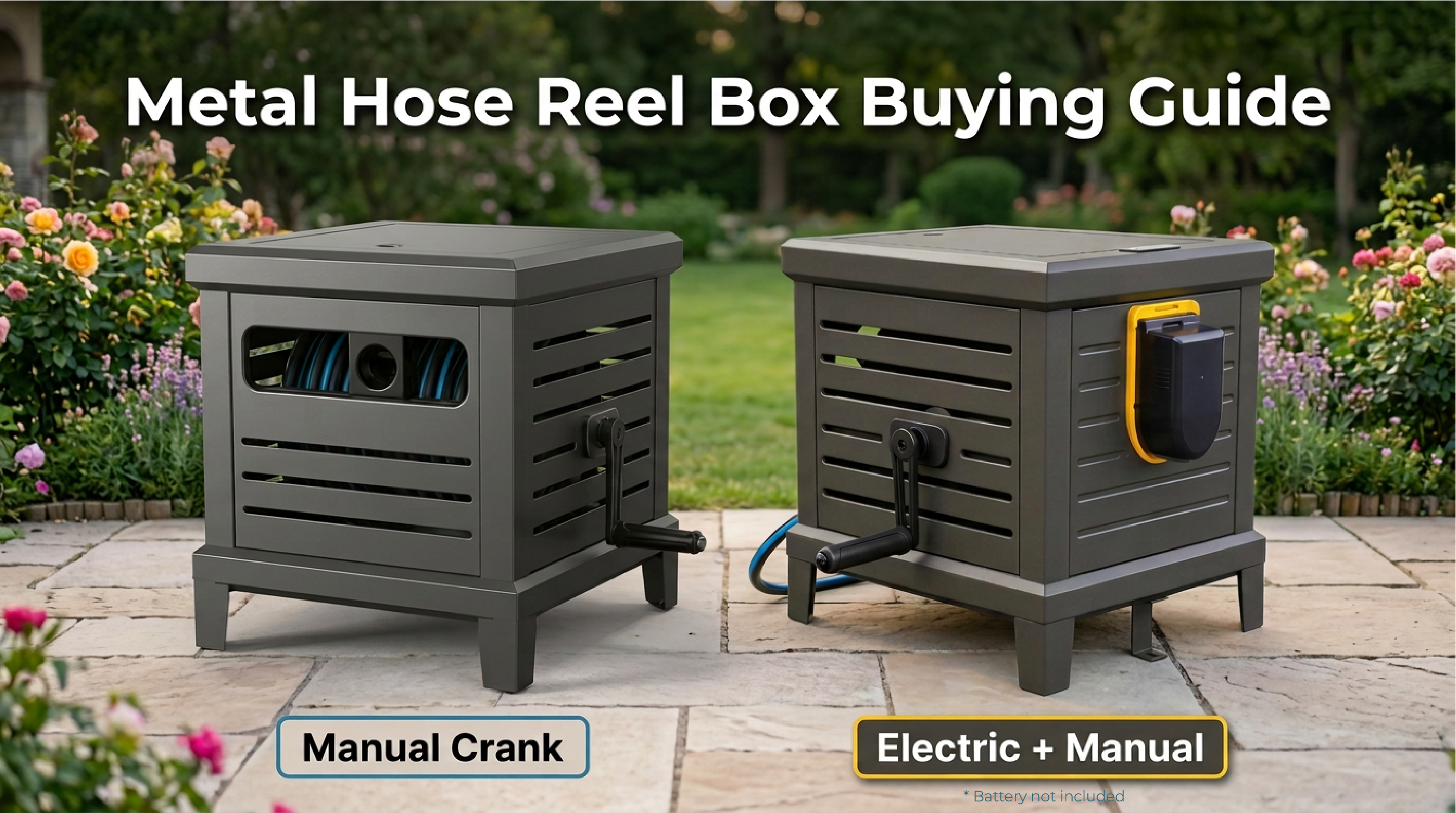Metal hose reel box buying guide comparing the RELHOST RW-24 manual crank and RW-24-E electric and manual models; battery not included