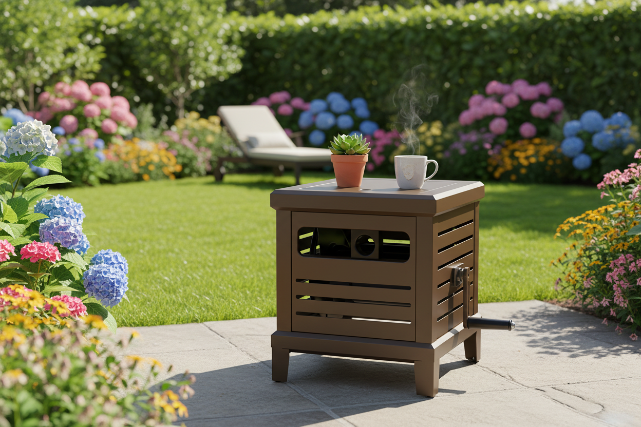 RELHOST metal hose reel box used as outdoor side table in sunny backyard