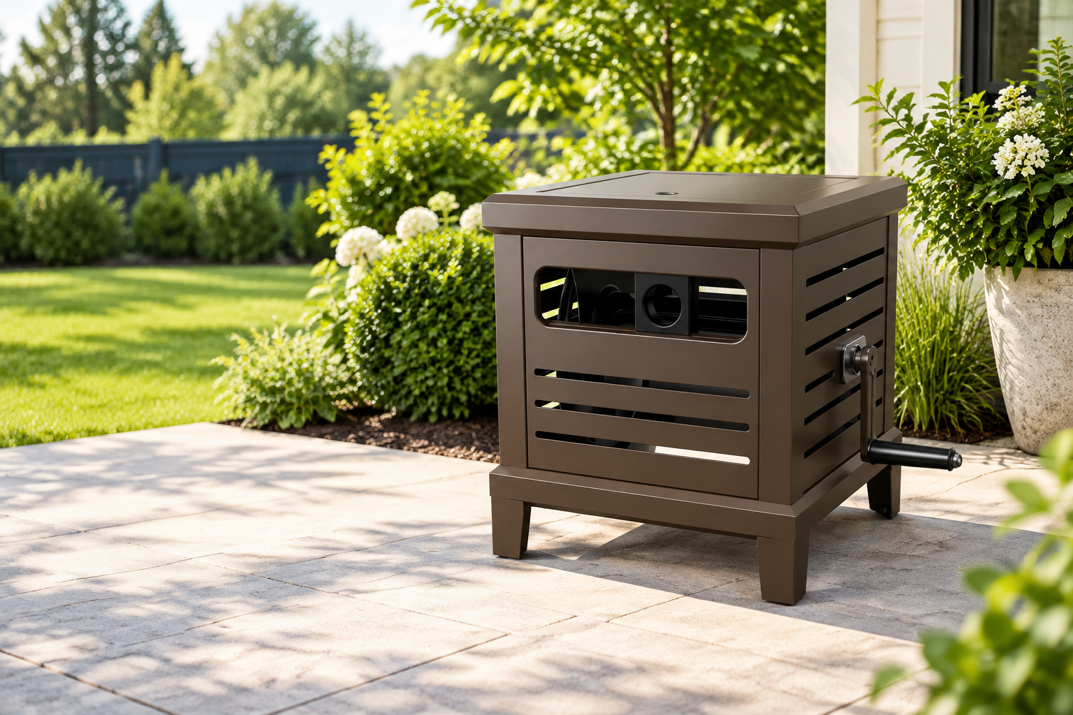 Brown RELHOST RW-24 metal hose reel box on a garden patio