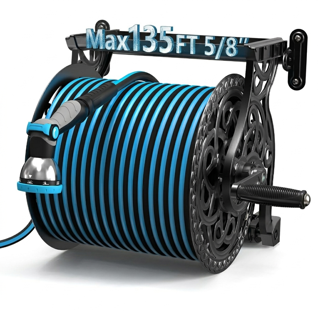 Garden Hose Reel, Hose Holder with Aluminum Frame, Never-Leak System, Easy Assembly, Hose Reel Wall Mount Holds up to 135 ft x 5/8 in Hose, Ideal for Backyards, Gardens