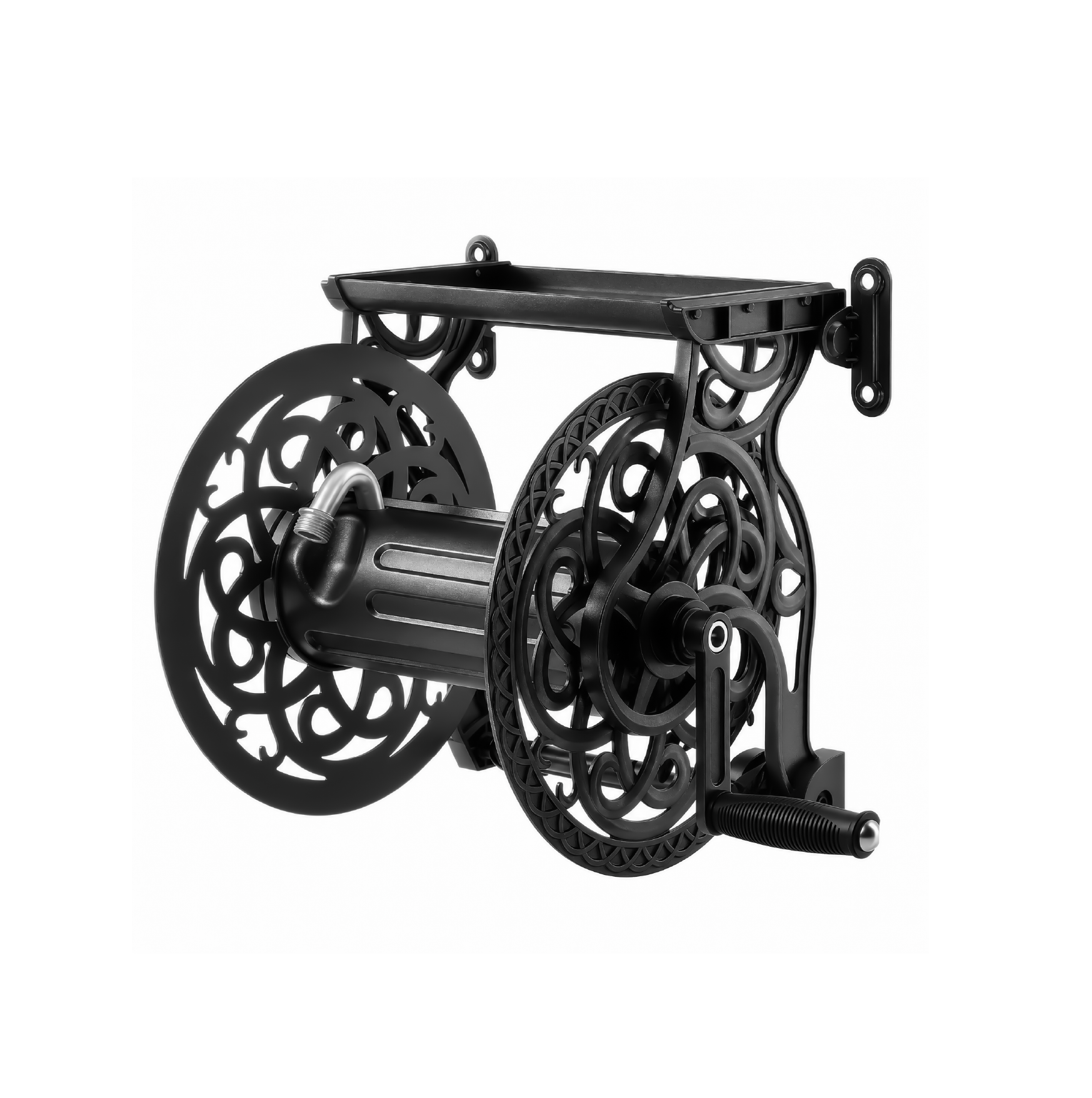 Garden Hose Reel, Hose Holder with Aluminum Frame, Never-Leak System, Easy Assembly, Hose Reel Wall Mount Holds up to 135 ft x 5/8 in Hose, Ideal for Backyards, Gardens