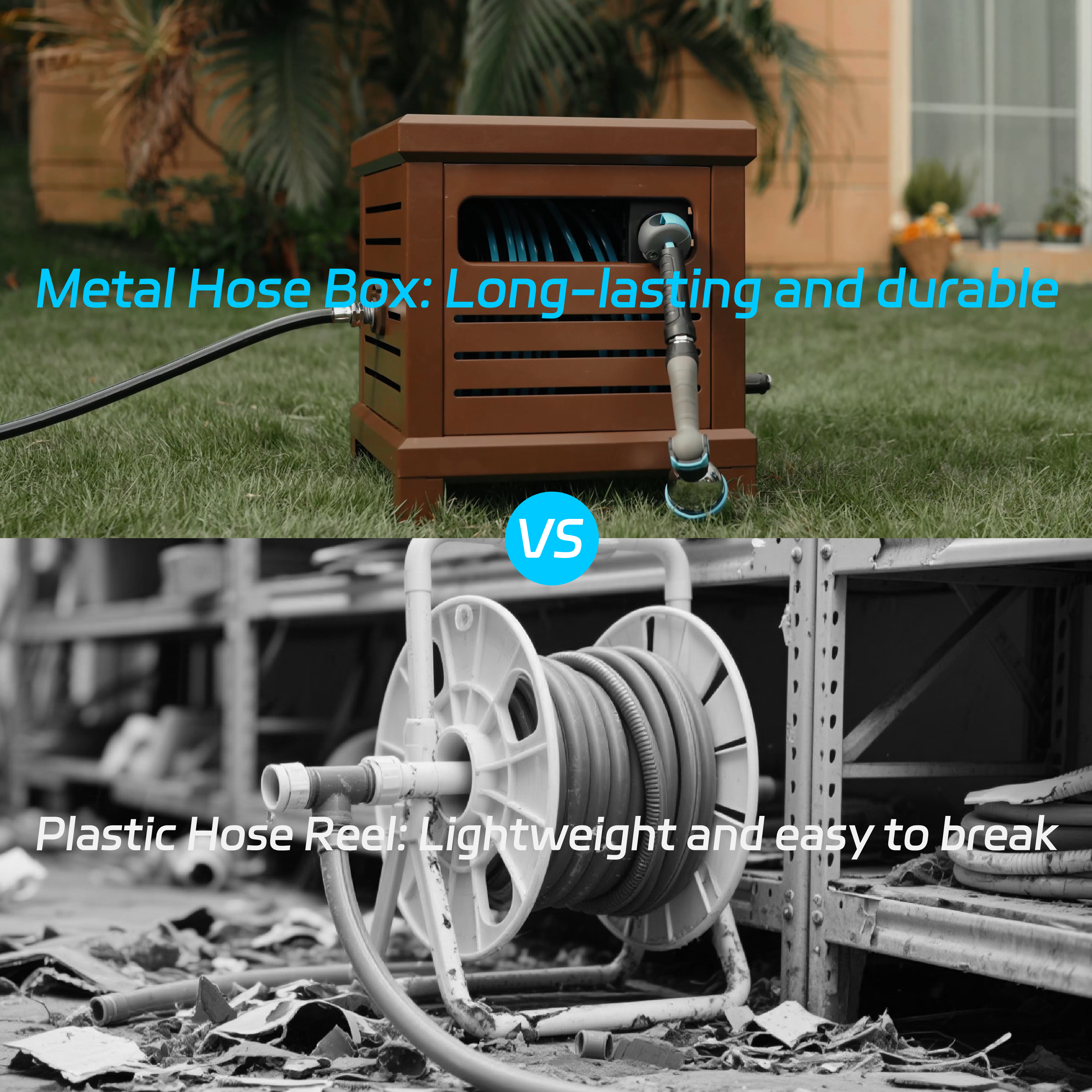 Relhost Tools Garden Heavy Duty Hose Reel Box,Hideaway Holds 100 ft x 5/8" Hose, Never-Leak System, Manual Crank Handle, Hose Guide, Stable Foot Pedal, Ideal for Yards, Patios, and Garden Sheds