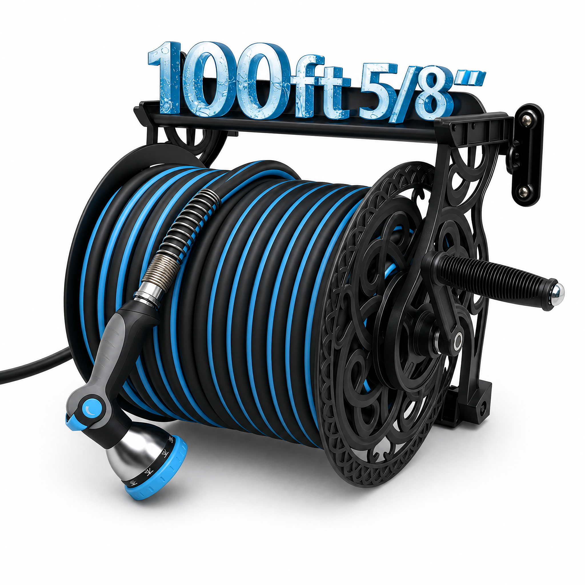 Garden Hose Reel, Hose Holder with Aluminum Frame, Never-Leak System, Easy Assembly, Hose Reel Wall Mount Holds up to 135 ft x 5/8 in Hose, Ideal for Backyards, Gardens