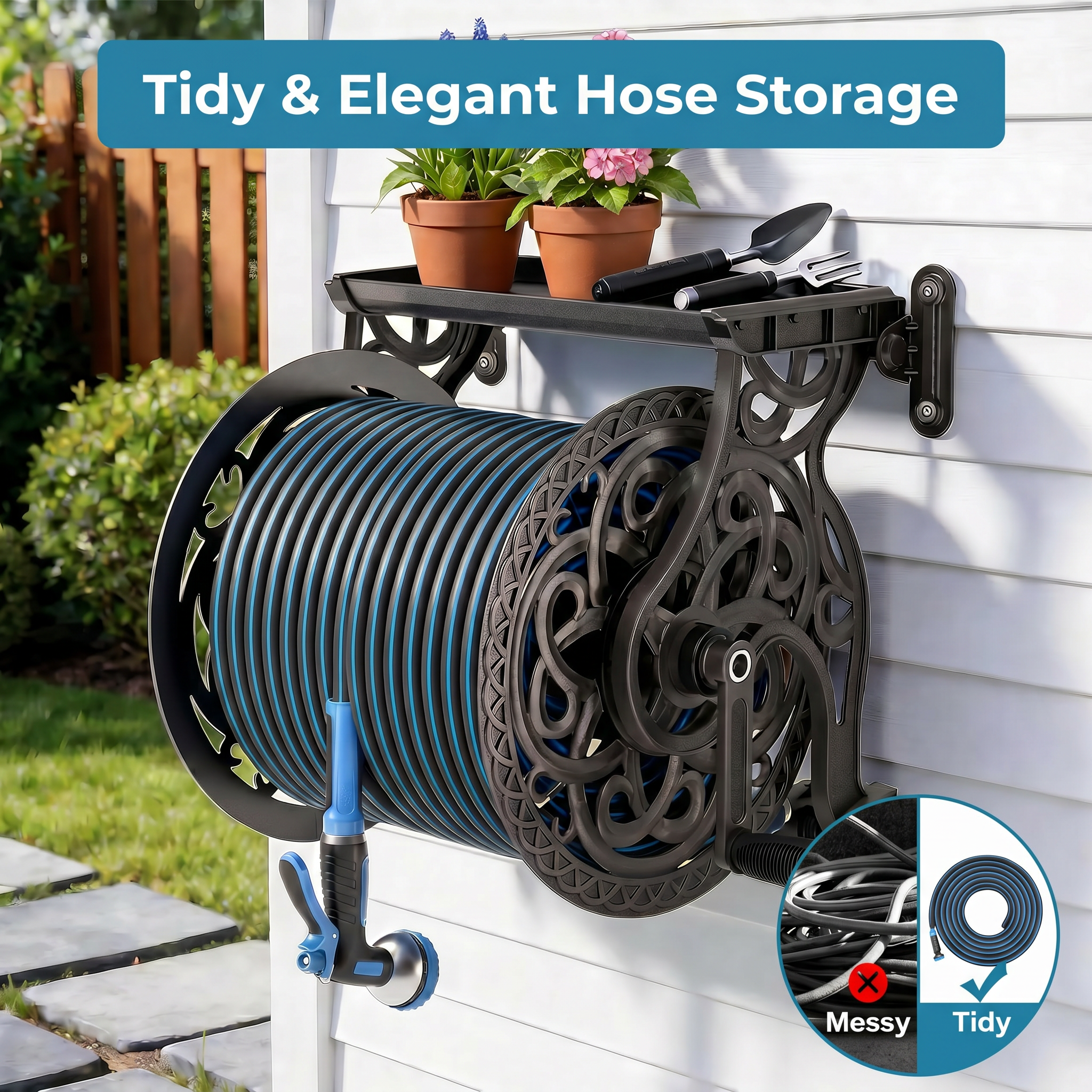 Garden Hose Reel, Hose Holder with Aluminum Frame, Never-Leak System, Easy Assembly, Hose Reel Wall Mount Holds up to 135 ft x 5/8 in Hose, Ideal for Backyards, Gardens