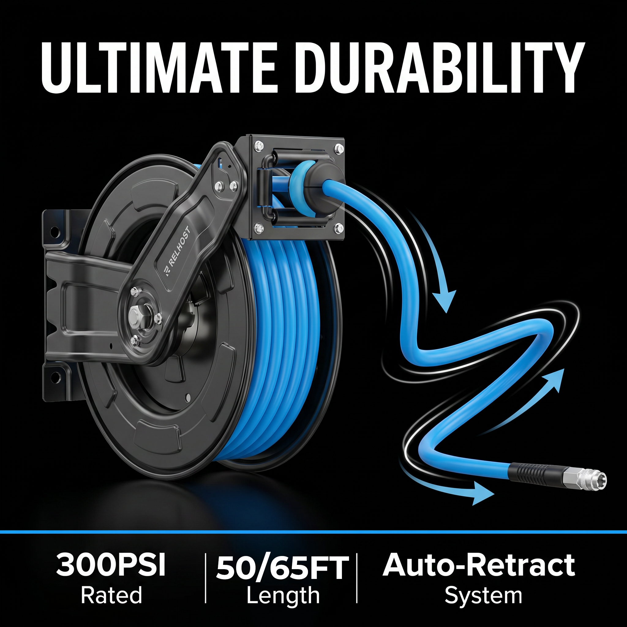 Retractable Air Hose Reel | Alloy Steel, 3/8" x 65ft, Dual Arm
