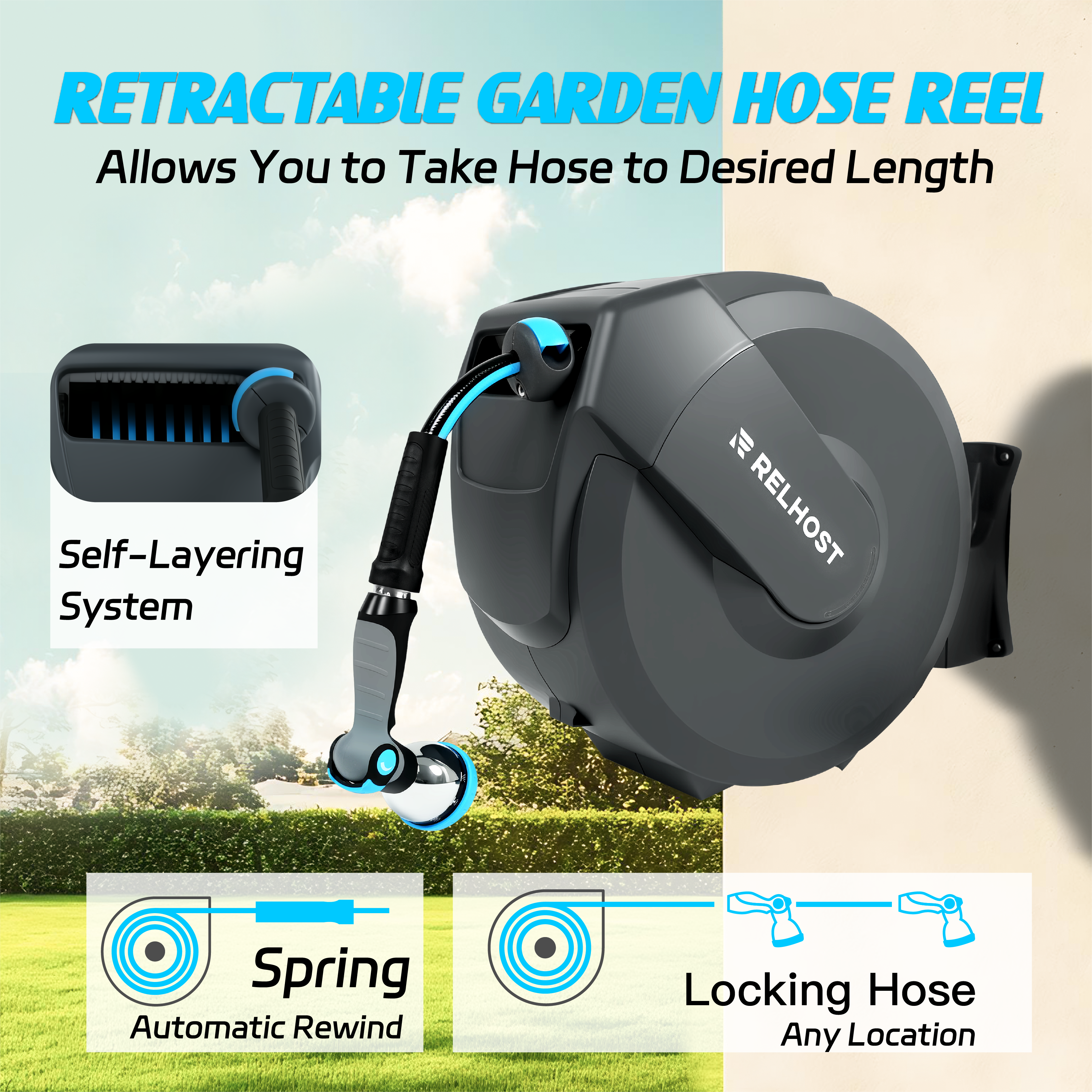 RELHOST TOOLS Retractable Garden Hose Reel,5/8 Inch x 100ft Wall Mounted,Heavy Duty with 10-Patten Nozzle,Adjustable Length Lock,Upgrated Slow Return System,180° Swivel Bracket,Dark Grey