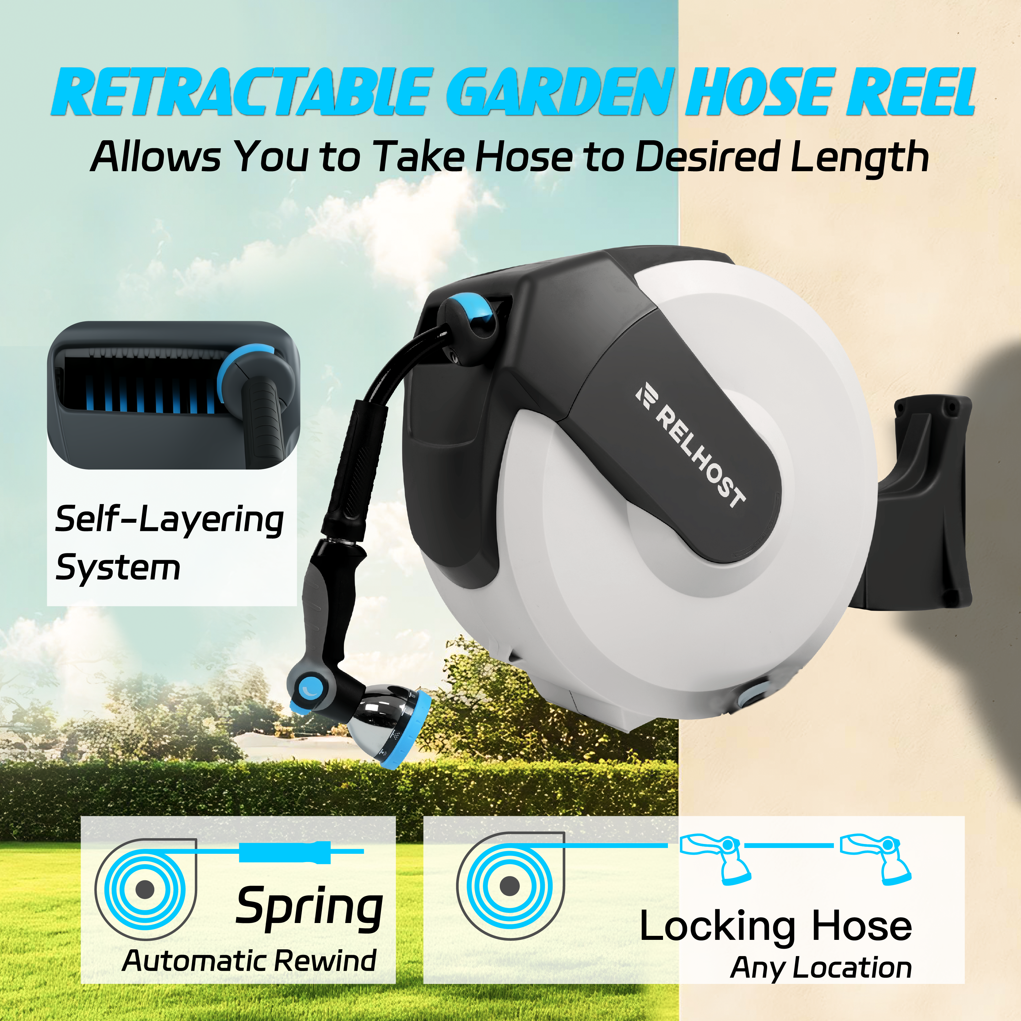 Relhost Tools Upgraded Retractable Hose Reel，100ft x 1/2 inch Garden Water Hose Reel with 10-Pattern Nozzle,  180° Swivel Bracket Wall Mounted,Lock at Any Length, Slow Return System, Automatic Rewind