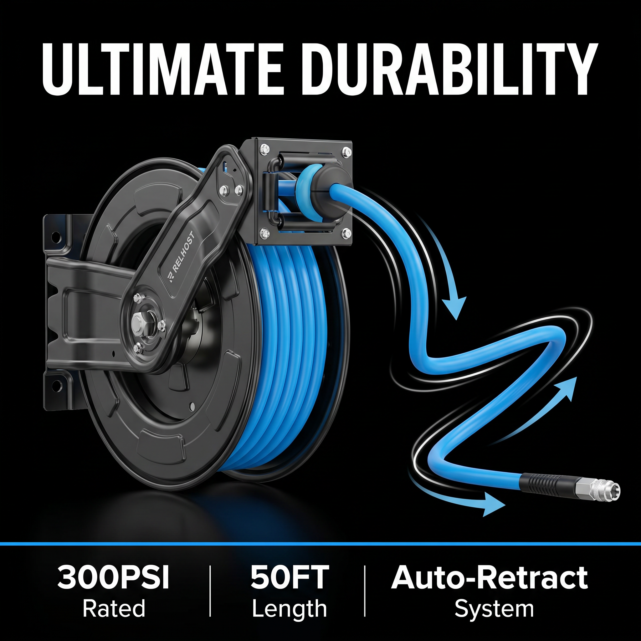 65ft-Dual Arm-RetractableAir Hose Reel-Alloy Steel Reel-3/8in
