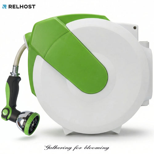Relhost Tools Retractable Hose Reel 50FT Garden Water Hose Reel with 10-Pattern Nozzle ,180° Swivel Bracket Wall-Mounted,Any Length Lock, Slow Return System, Bright Green