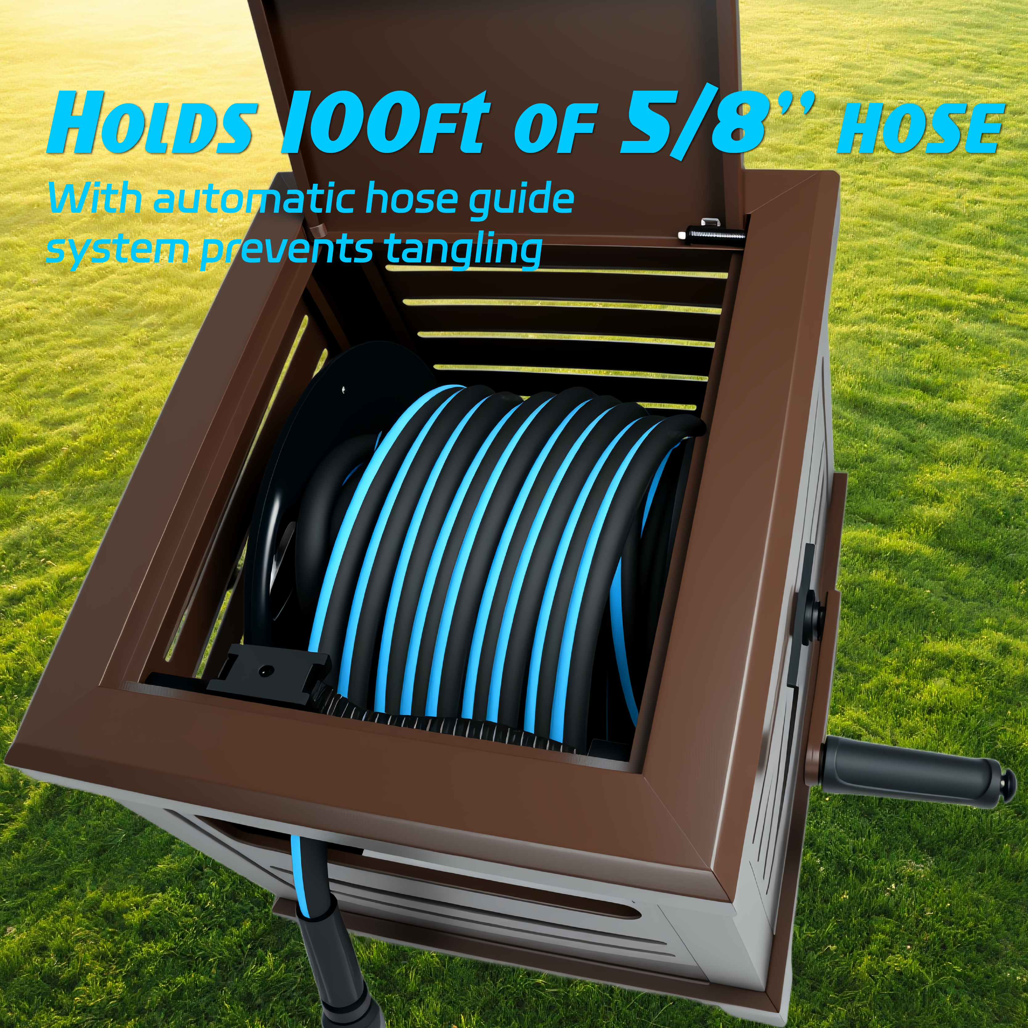 Relhost Tools Garden Heavy Duty Hose Reel Box,Hideaway Holds 100 ft x 5/8" Hose, Never-Leak System, Manual Crank Handle, Hose Guide, Stable Foot Pedal, Ideal for Yards, Patios, and Garden Sheds