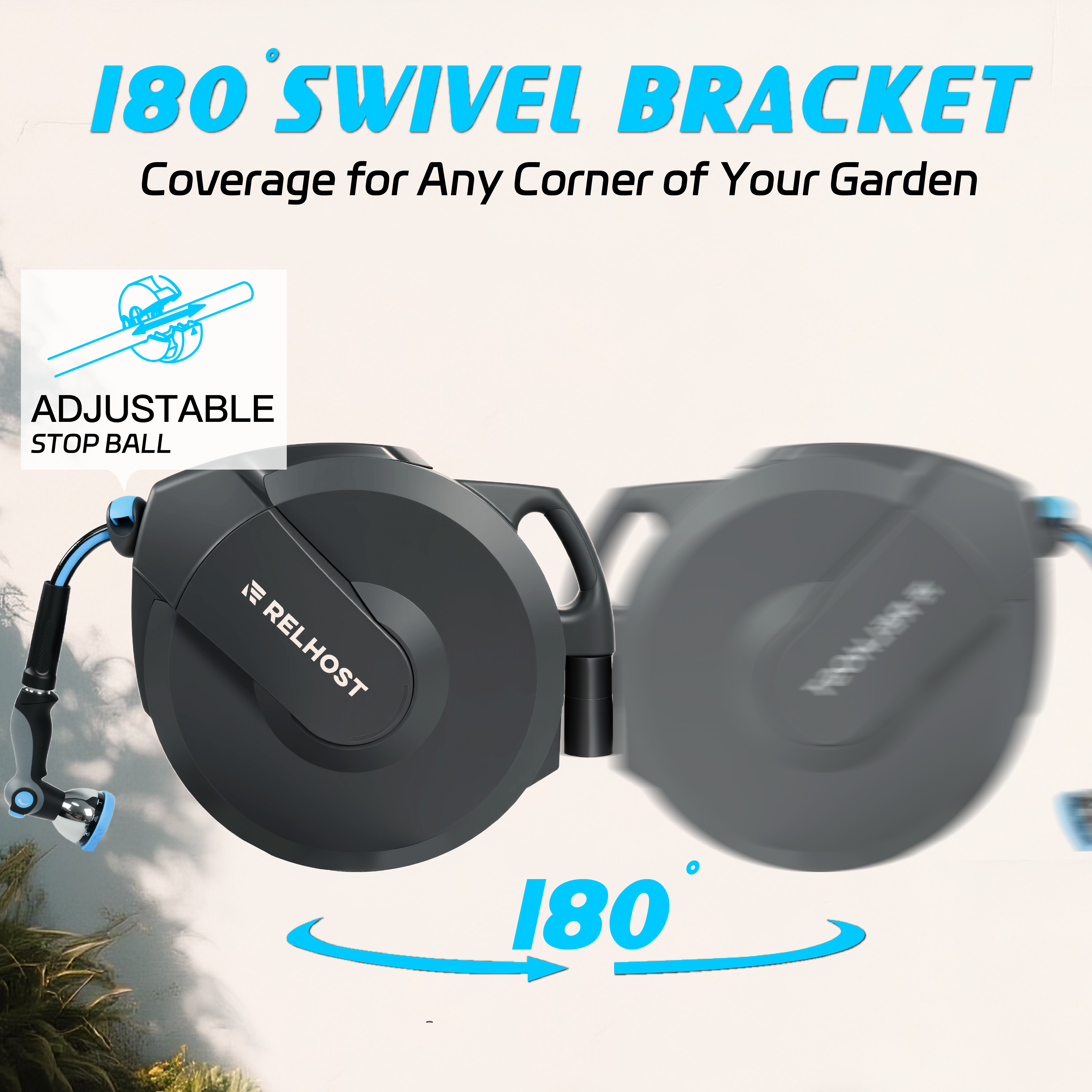 RELHOST TOOLS Retractable Garden Hose Reel,5/8 Inch x 100ft Wall Mounted,Heavy Duty with 10-Patten Nozzle,Adjustable Length Lock,Upgrated Slow Return System,180° Swivel Bracket,Dark Grey