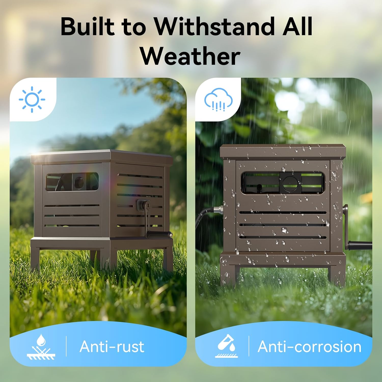 Relhost Tools Garden Heavy Duty Hose Reel Box,Hideaway Holds 100 ft x 5/8" Hose, Never-Leak System, Manual Crank Handle, Hose Guide, Stable Foot Pedal, Ideal for Yards, Patios, and Garden Sheds