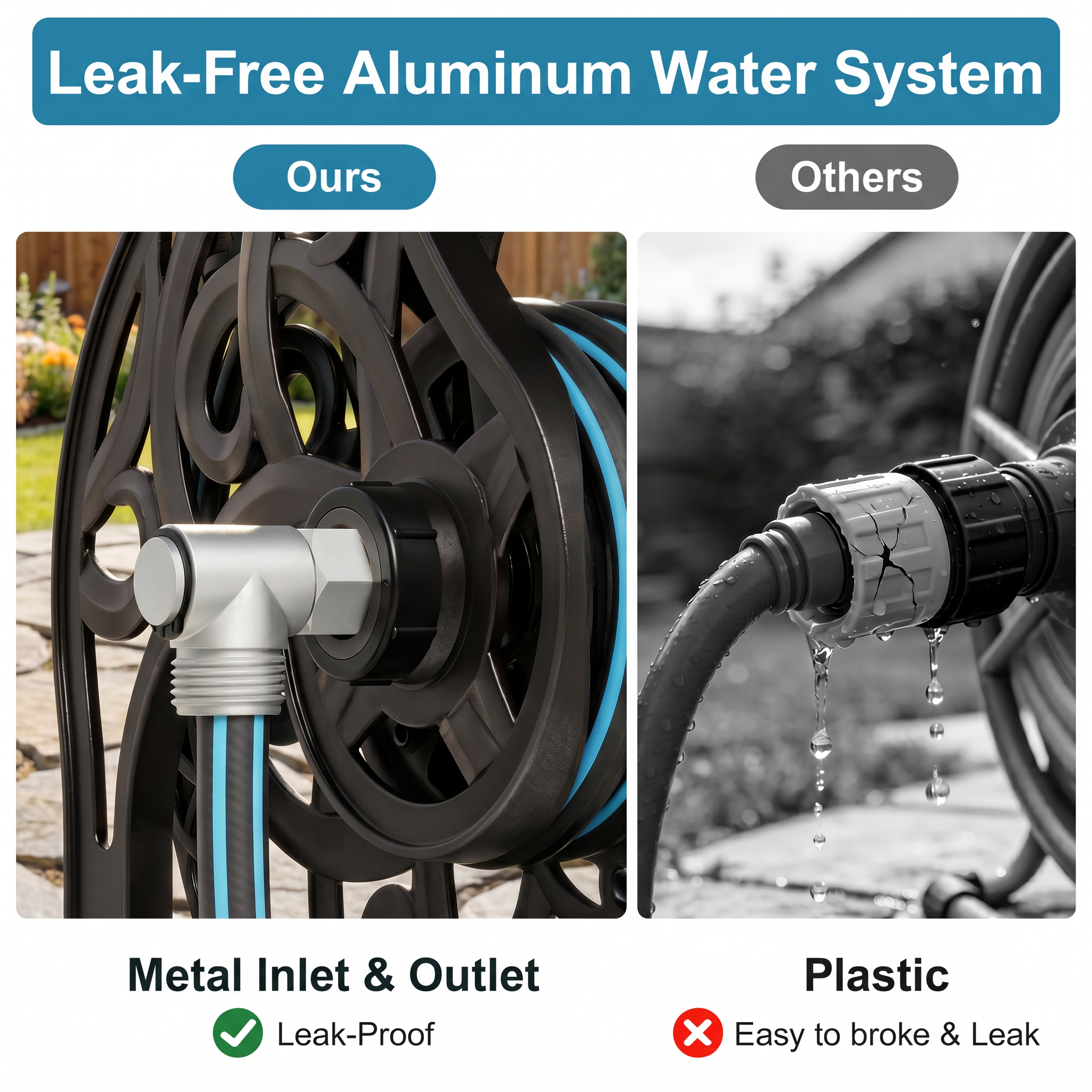 Garden Hose Reel, Hose Holder with Aluminum Frame, Never-Leak System, Easy Assembly, Hose Reel Wall Mount Holds up to 135 ft x 5/8 in Hose, Ideal for Backyards, Gardens