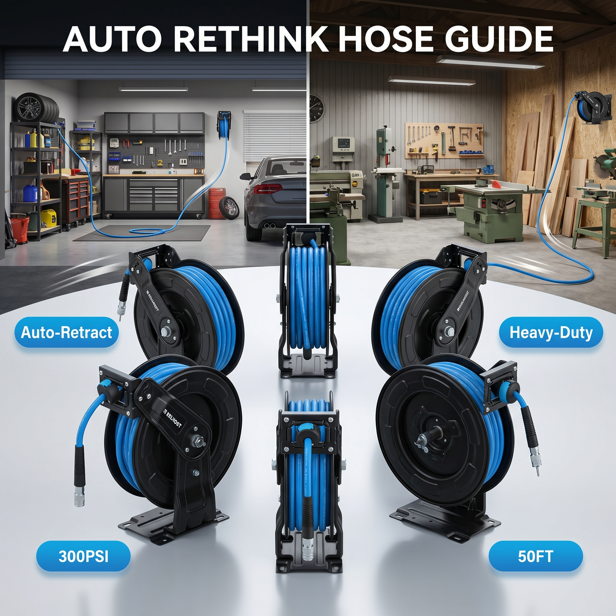 65ft-Dual Arm-RetractableAir Hose Reel-Alloy Steel Reel-3/8in