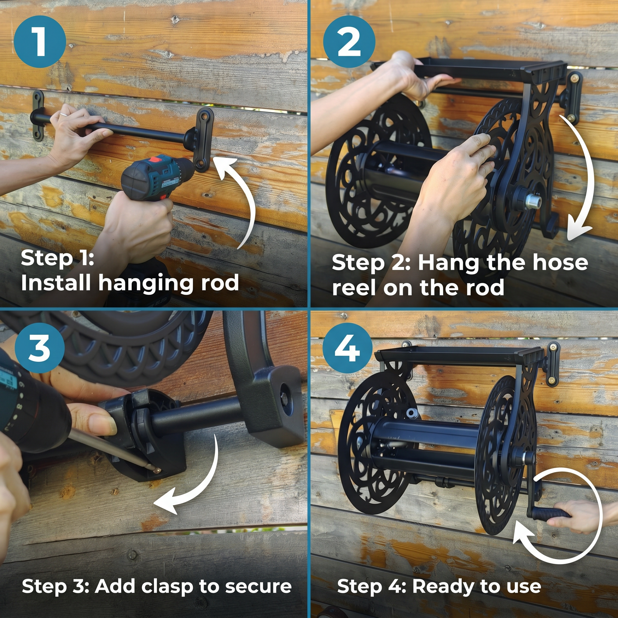 Garden Hose Reel, Hose Holder with Aluminum Frame, Never-Leak System, Easy Assembly, Hose Reel Wall Mount Holds up to 135 ft x 5/8 in Hose, Ideal for Backyards, Gardens