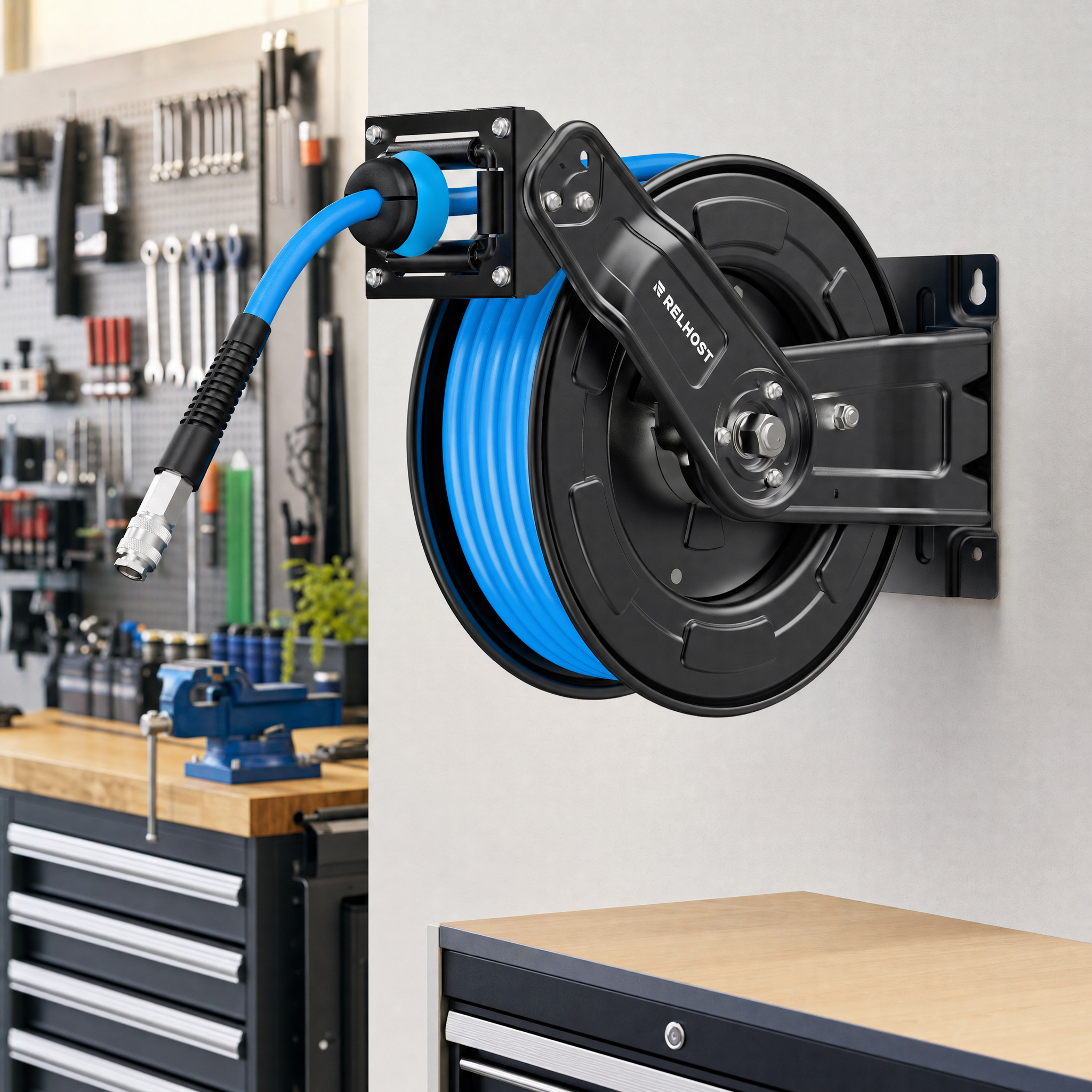 Retractable Air Hose Reel | Alloy Steel, 3/8" x 65ft, Dual Arm