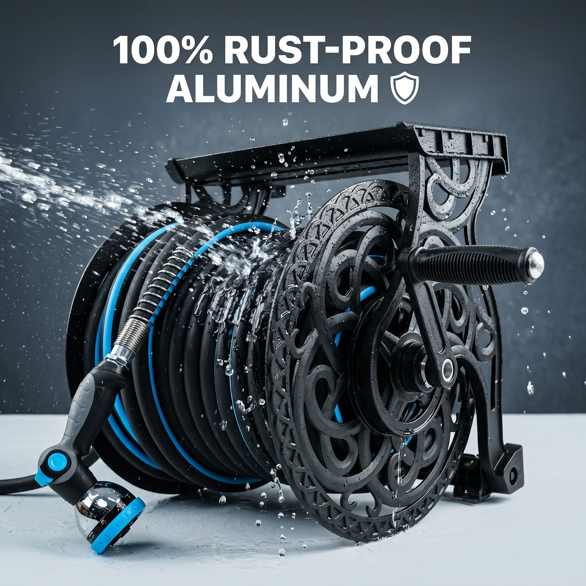 Garden Hose Reel, Hose Holder with Aluminum Frame, Never-Leak System, Easy Assembly, Hose Reel Wall Mount Holds up to 135 ft x 5/8 in Hose, Ideal for Backyards, Gardens