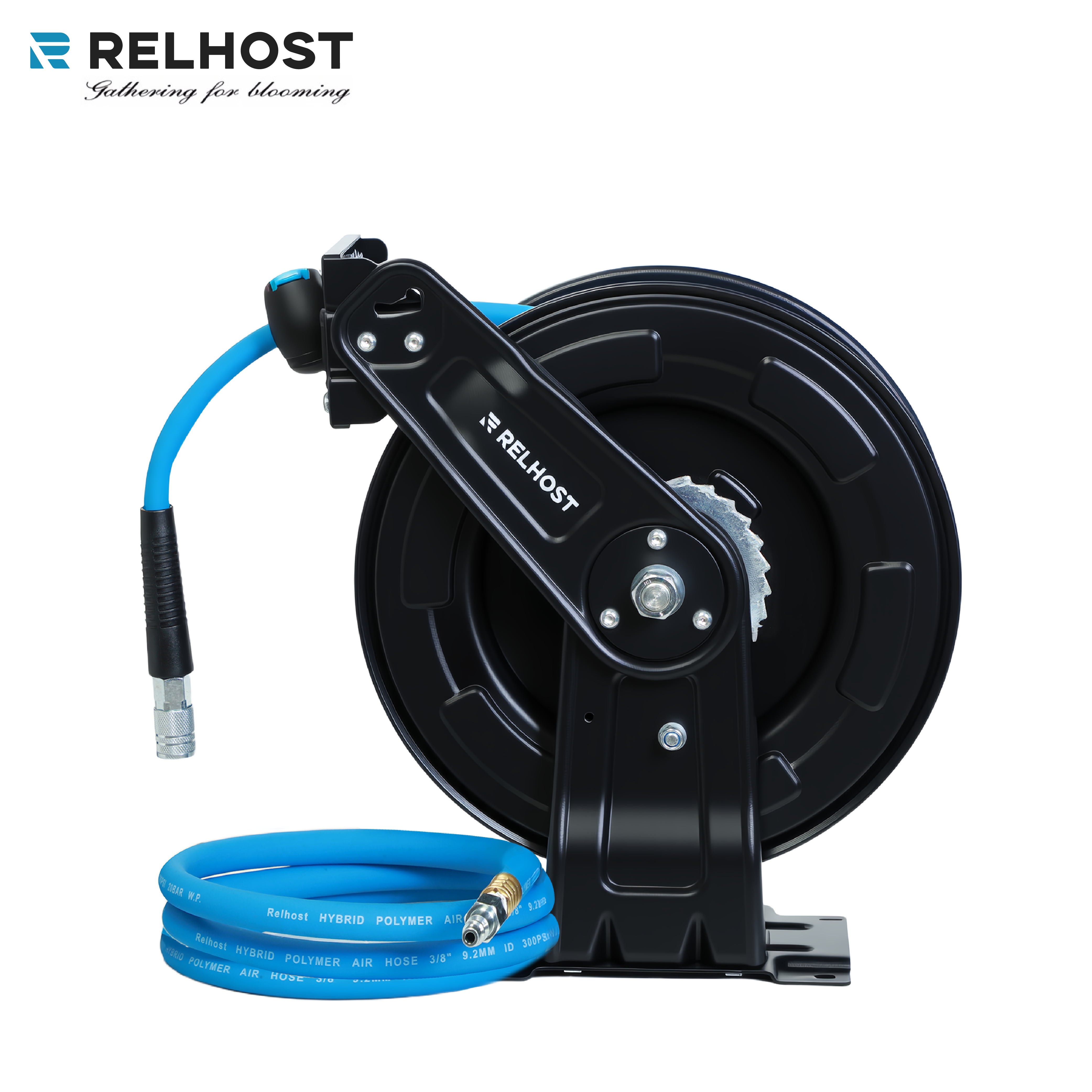 Relhost Tools Retractable Air Hose Reel, 65/50 ft x 3/8 in Hybrid Air Hose, Max 300PSI, Heavy Duty Air Compressor Hose Reel with Dual Arms, Auto Rewind, 180° Swivel Ceiling/Wall Mount for Garage, Workshop, Home Studio