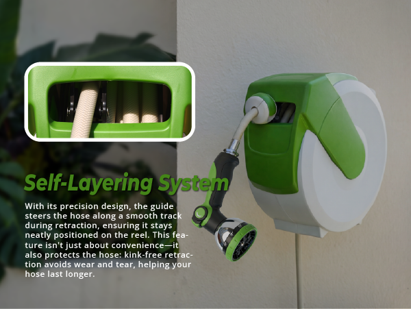 Retractable Hose Reel 50FT Garden Water Hose Reel with 10-Pattern Nozzle ,180° Swivel Bracket Wall-Mounted,Any Length Lock, Slow Return System, Bright Green