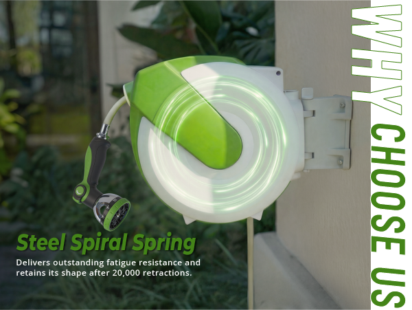 Retractable Hose Reel 50FT Garden Water Hose Reel with 10-Pattern Nozzle ,180° Swivel Bracket Wall-Mounted,Any Length Lock, Slow Return System, Bright Green