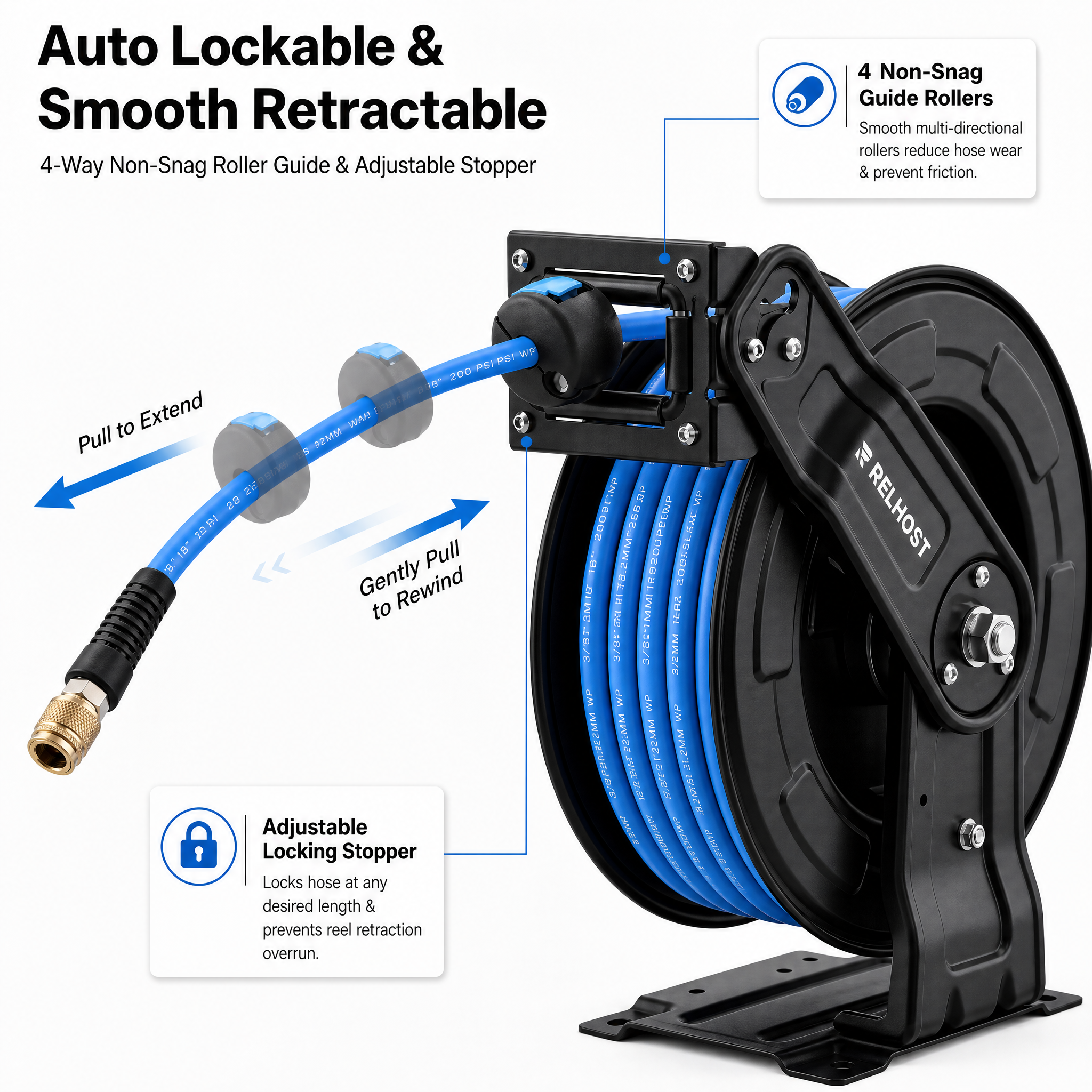 Retractable Air Hose Reel, 3/8" x 50ft, Single Arm