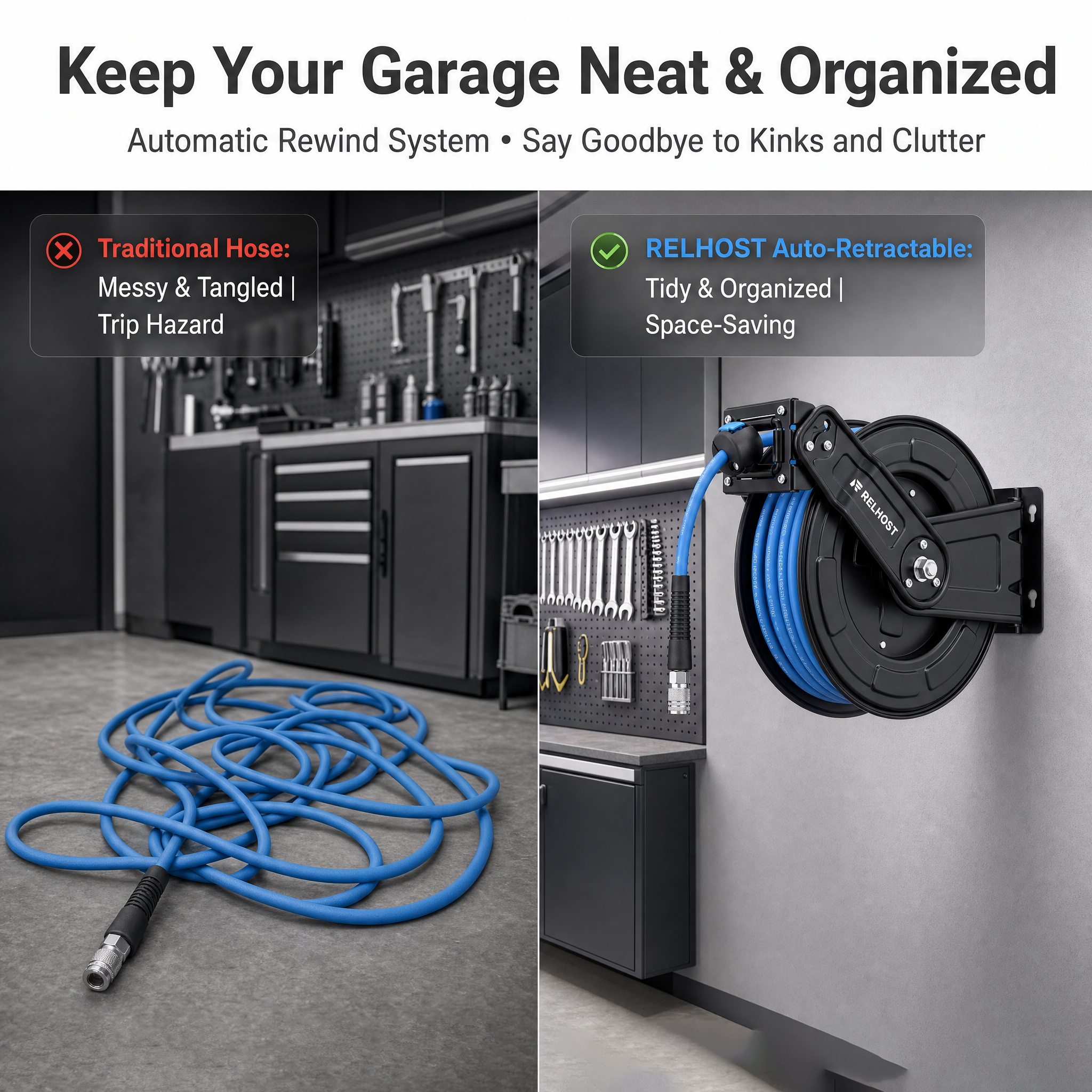Retractable Air Hose Reel, 3/8" x 50ft, Single Arm