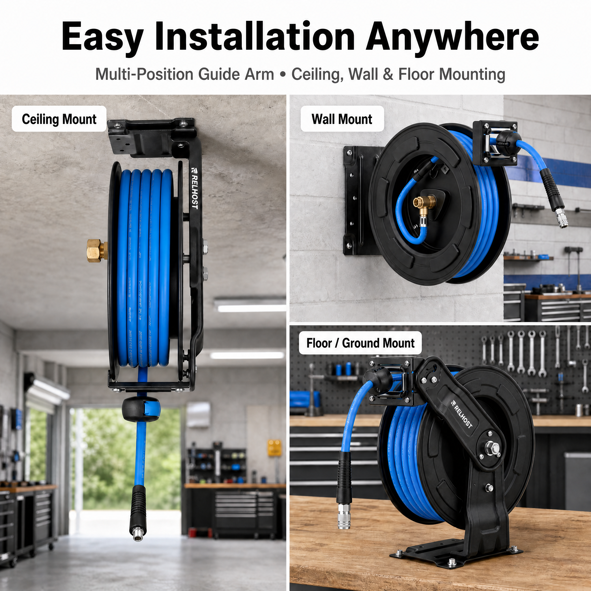 Retractable Air Hose Reel, 3/8" x 50ft, Single Arm